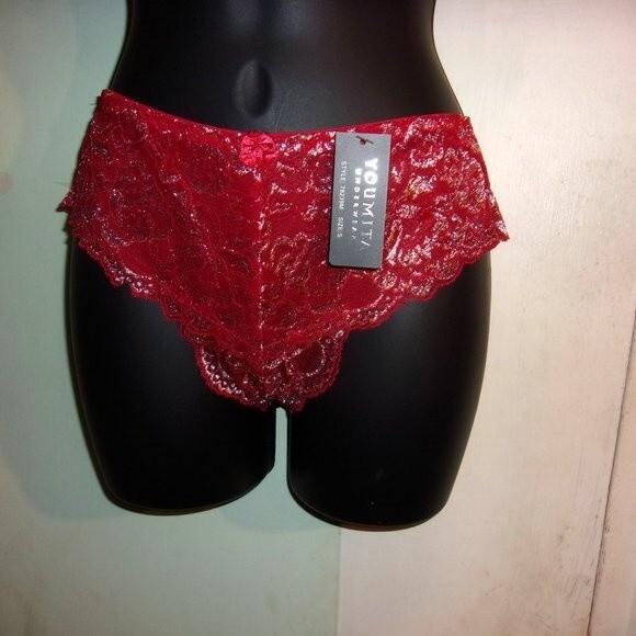 Youmita 34C Chili Pepper Metallic Lace Strappy Bra & Medium Lace Hipster NWT - Picture 3 of 10